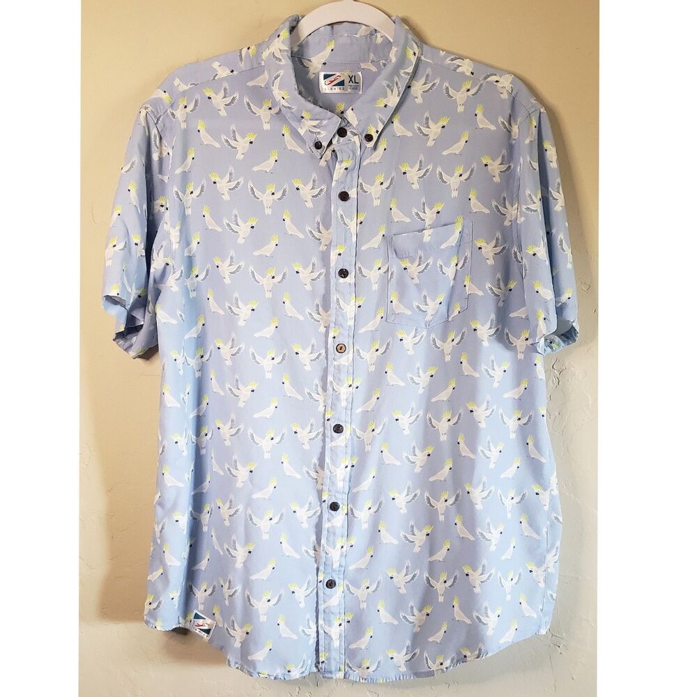 Bermies Hawaiian Shirt Polo Cockatoo Tropical Bird Men's Blue Sz XL Resort Wear